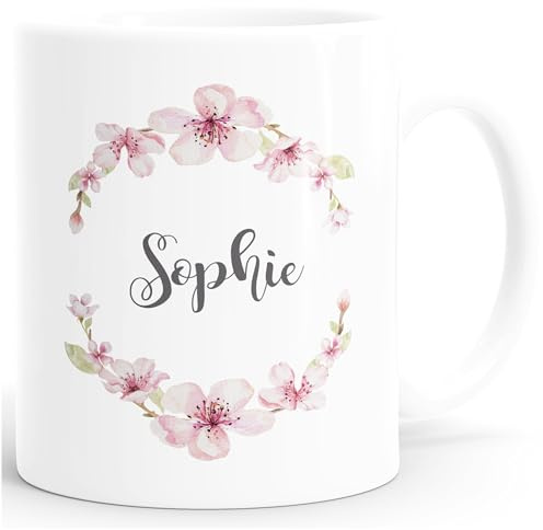 SpecialMe® personalisierte Kaffee-Tasse mit Namen Blumen Namenstasse persönliche Geschenke für Frauen Mädchen Weiss Keramik-Tasse