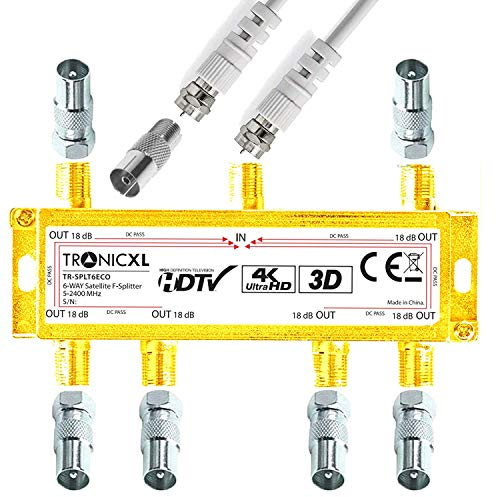 TronicXL 4K 6-fach Antennenverteiler 3D HD tauglich IEC Verteiler TV SAT Splitter 6fach F-Stecvker + Kabel + Koax Adapter für Kabelfernsehen DVBC DVBT2 zb kompatibel mit Unitymedia Vodafone CATV
