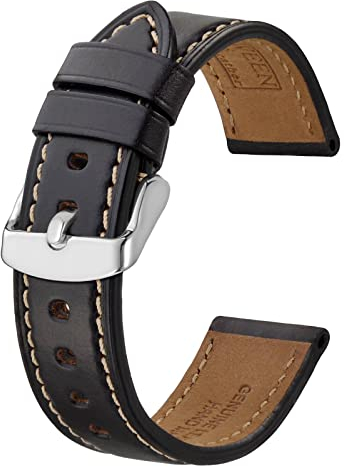 BISONSTRAP Uhrenarmband 20mm, Premium Leder Uhrenarmbänder für Herren und Frauen-Schwarz/Silberne Schnalle