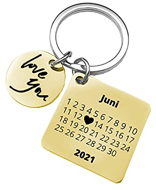 PREMIUM Schlüsselanhänger Herz-Tag-Kalender mit edler Datum Gravur Personalisiert und Beidseitig bedruckt I Jahrestag Individuell graviert I Ich liebe dich Partner Geschenk am Schlüsselband (Gold)