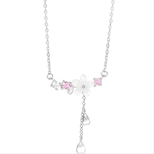 ZHUDJ Collana di Fiori in Argento Sterling 925 Collana di Fiori di ciliegio in Conchiglia di Cristallo per Gioielli a Catena Collares da Donna