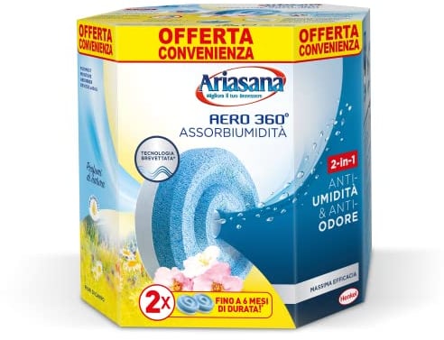 Ariasana Tab Fiori di Campo Bipack 2x450g, Ariasana Aero 360 Ricarica Antiumidità, Cattura umidità dal Profumo Floreale, Ricarica Aero 360 Tab a Lunga Durata, 1 Confezione da 2 Tab