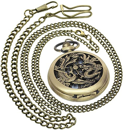 Retro Mechanische Handaufzug Taschenuhr Hohl Steampunk Römische Ziffern Taschenuhr für Männer Frauen mit Kette + Geschenkbox, 278A1 Drache und Phönix Bronze schwarz 1 Stück, Big