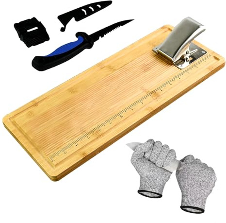 Bambus-Fisch-Reinigungsbrett-Set, rutschfestes Fisch-Schneidebrett-Set, Fischfiletbrett mit Skala, Fischmessbrett, inklusive Fischfiletmesser, Klemme, Spitzer, Handschuhe, Angler-Geschenke, 45,7 cm
