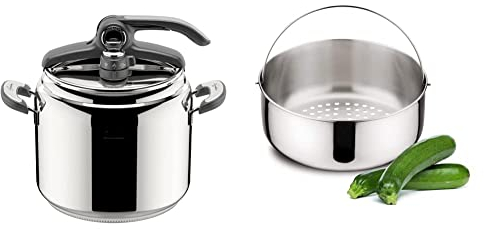 Lagostina Novia Vitamin Lagoeasy'UP Autocuiseur 9 L en Acier Inoxydable 18/10 Ø 24 cm & Accessoires Panier à Vapeur en Acier Inoxydable, pour Bacs à Pression 5 l, Acier inoxydable 18/10, Argent