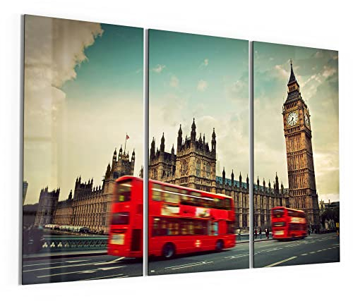 DEQORI Glasbilder Echtglas | Motiv Rasende Busse vor Big Ben | horizontal 3-teilig 150x100 cm | große XXL Deko | Wandbilder für Wohnzimmer, Schlafzimmer, Flur & Küche | moderne Wanddeko