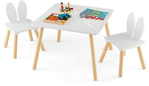 COSTWAY Kindertisch mit 2 Stühlen, 3 TLG. Kindersitzgruppe mit Massivholzbeine & Hasenohren Rückenlehne, quadratischer Spieltisch, Kindermöbel Kindersitzgarnitur für 3-6 Jahre Kinder (Weiß)
