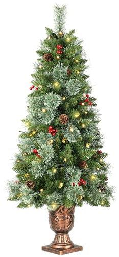 Albero di Natale artificiale pre-illuminato da 1,2 m, pino artificiale in vaso, 226 rami, decorato con 100 luci LED bianche, 15 bacche rosse e 10 pigne, per casa o ufficio