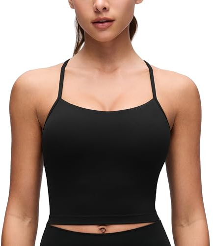 CRZ YOGA Butterluxe Y Back Crop Tank Tops for Women - Spaghetti Straps Racerback Padded Yoga Workout Longline Sports Bras Black Medium