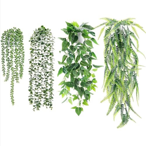 Der Rose 4 Pack Fake Plants Hanging with Pots Artificial Ivy Vine Faux Eucalyptus Hanging Plant, Boston Fern, String of Pearls for Home Room Wall Shelf Indoor Outdoor Decor(White Pots)