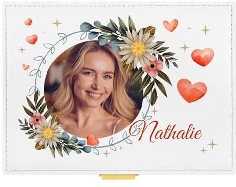 Maverton Boîte à Bijoux personnalisable pour femme - Organisateur pour bagues, boucles d'oreilles, bracelets - pour maman - avec prénom et votre photo - pour elle - pour anniversaire - cadeaux photos