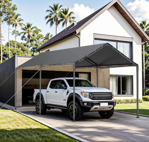 TANGJEAMER 3 x 6 m Carport tragbare Garage, robustes Vordach mit abnehmbaren Seitenwänden und Türen für Auto, LKW, Boot, Ganzjahresautoschuppen, weiß ohne Seitenwand