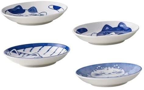 LIFKOME 4pcs Cat Pattern Sauce Dishes Japanese Style Ceramic Plates Mini Condiment Plates for Snacks Appetizers Condiments