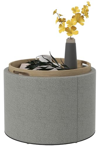 HOMCOM Pouf Contenitore Effetto Lino da 120 kg max, Pouf con Coperchio, con Vassoio a Ribalta, Tavolino da Caffè in MDF, Spazio a Scomparsa, 56x56x42 cm, Grigio