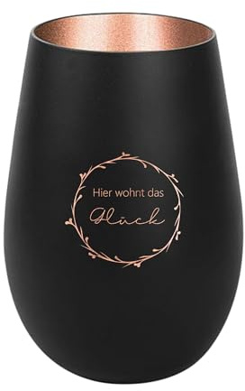Der-Porzellan-Laden Windlicht mit Gravur Hier wohnt das Glück, Schwarz Bronze, Teelichthalter aus Glas mit Spruch, Tischdeko modern