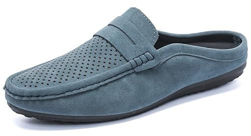 Herren-Loafer-Schuhe, Wildleder-Vamp, perforierte halbe Penny-Loafer-Schuhe, leichte, Flexible, rutschfeste Party-Slip-on-Schuhe (Color : Blau, Size : 43 EU)