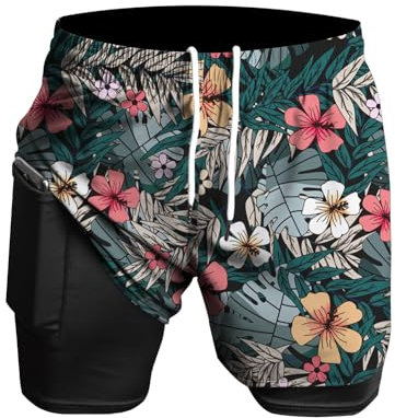 Herren Laufshorts 2 in 1 Shorts Gym Athletic Shorts Outdoor Marathon Workout Trainingsshorts Grüne Blume XL