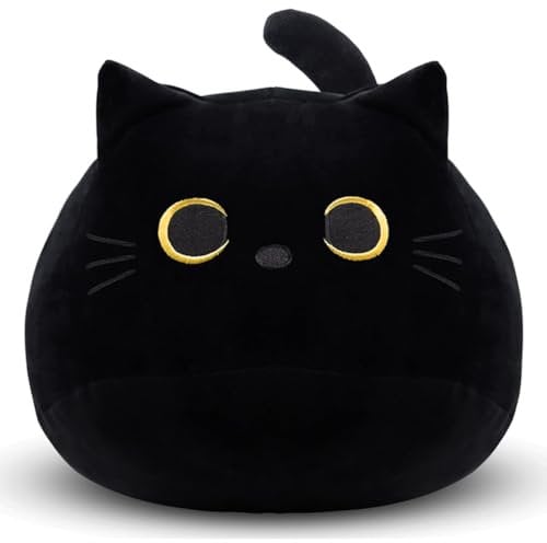 MOPQMKT Peluche Chat Noir Oreiller câlin en Peluche en Forme de Chat Mignon Jouet en Peluche Super Doux avec Motif de Dessin Coussin pour Enfants Adultes Chat Décoration Halloween Noël Anniversaire