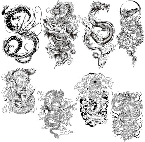 8 Feuilles de Tatouages Temporaires de Dragon pour Hommes et Femmes, Tatouages Adhésifs pour Bras, Imperméables et Durables, Totem Tribal Réaliste, Tatouages de Dragon, Autocollant Dragon