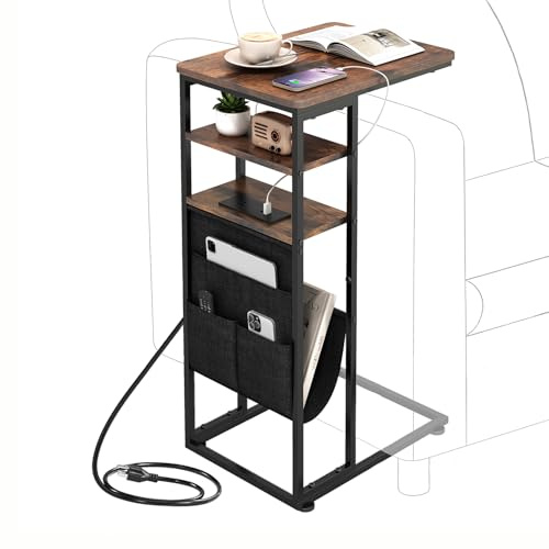 ZEXVIDA C Shaped End Table with Charging Station, 28(H) 3-Tier C Table with Storage Bag, Under Couch Table C-Shaped End Table with Storage Shelves and Bag for Living Room, Bedroom, or Office