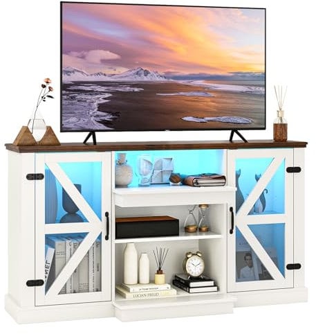 COSTWAY LED TV Stand for 65 Inch TVs, Wooden TV Cabinet Media Entertainment Center with RGB Light & Adjustable Glass Shelves, 150cm Living Room Bedroom TV Unit Console Table for 23 Electric Fireplace