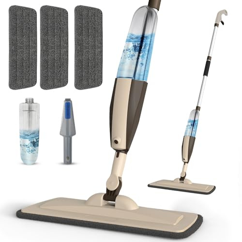 Mops for Floor Cleaning, 50 inch Spray Mop with 400ml Refillable Bottle and 3 Replacement Pads Dry Wet FloorCleaning Household or Commercial Use for Hardwood Laminate Tile Ceramic (Brown)