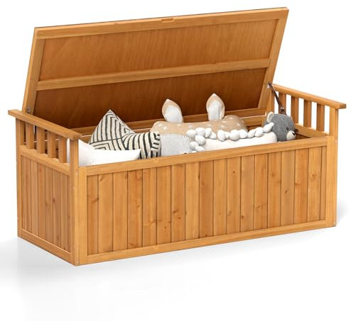 COSTWAY Gartenbox aus Holz, 209 L, Auflagenbox mit Armlehnen & Deckel & Griff, 2-Sitzer Bank, Gartenbank mit Stauraum, Aufbewharungsbox Outdoor, für Garten Terrasse, 128 x 58 x 53 cm, Natur