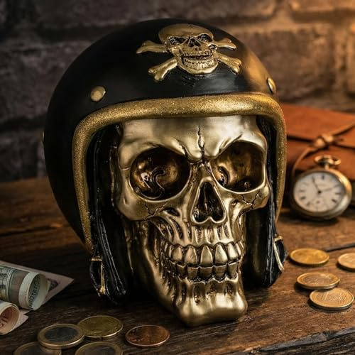 MIJOMA Spardose im Totenkopf-Design – Handbemalte Schädel-Spardose aus Polyresin mit Sicherheits-Schloss – Stilvolle Aufbewahrung für Ersparnisse (mit Motorradhelm)