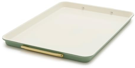 GreenPan Reserve Bakeware 13x18 Half Baking Sheet Pan, Ceramic Nonstick Baking Pan, PFAS & BPA Free, Gold Handles, Durable Steel, Versatile & Space Saving Ovenware, Freezer to Oven Dish, Sage Green