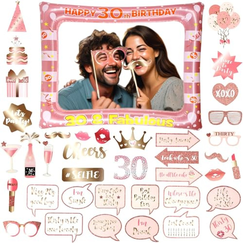 30th Brithday Decoration 30PCS Birthday Photo Booth Props, Inflatable Photo Booth Frame Rose Gold Inflatable Selfie Frame Glitter Birthday Party Photo Props (pink 30th)