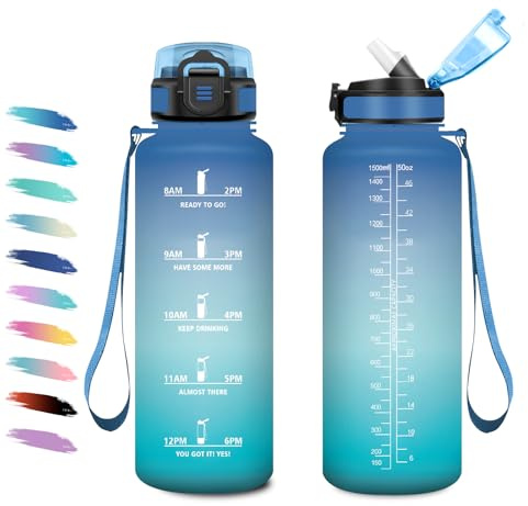 Gourde 1.5L, Bouteille d'eau Sport avec Paille, Bouteille Motivation avec Marqueur de Temps, Anti-Fuite & Réutilisable, Gourde Grande pour Fitness, Voyage, Course à Pied, Extérieur, Cyclisme