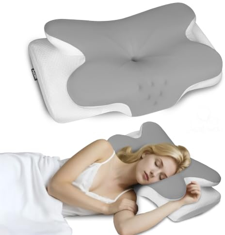 Aoceki Oreiller Ergonomique Cervical Oreiller Memoire Forme pour la Nuque,pour Dormir sur Le côté,Le Dos et Le Ventre(Gris Clair Quatre Coins)