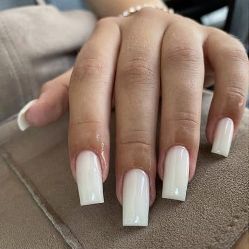 24pcs Long Coffin False Nails - White Acrylic Nails French Tip - 24pcs Solid Color Fake Nail with Glue - Ballerina Glossy Full Cover Stick on Nails for Women Girls