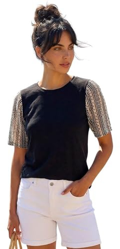 Dusk Fashion Contrast Crochet Sleeve Top for Women UK - Ladies Everyday Holiday Spring Summer Round Neckline Comfy Soft Evening Vacation Work Party