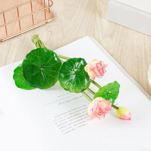 Silk and Plastic Water Lily Bouquet 1 Bunch Artificial Lotus Leaf Flowers for Coffee Table and Windowsill Decoration (Pink)