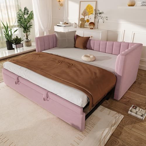 HESHU Tagesbett Bett mit Ausziehbett, Schlafcouch Polsterbett, Gästebett, Ausziehbar zum Doppelbett, Schlafsofa, Samt, ohne Matratze,Rosa