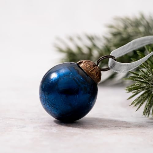 Arthur Cameron - Set of 6 1 Hand-Blown Crackle Glass Mini Christmas Baubles - 3cm Tiny Baubles with Bronze Caps & Organza Ties - Small Christmas Tree Decorations