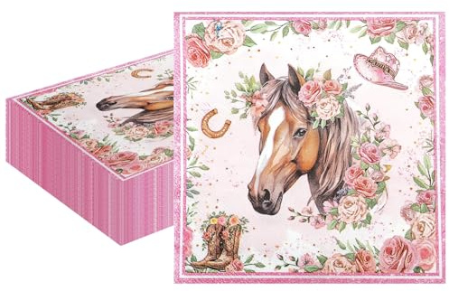 Ovanda Pferde Servietten, Pferde Deko Geburtstag, 20 Stück Pferd Servietten | Kindergeburtstag Deko, Ponys und Blumen, Tisch Dekoration, Serviettens Kindergeburtstag Dekos Jungen Mädchen