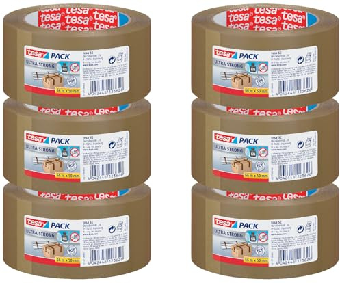tesa tesapack Ultra Strong - PVC-Klebeänder für festes Verpacken und sicheres Bündeln - Braun - 66 m x 50 mm (6 Rollen)