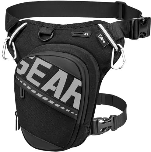 Eshow Beintasche Motorrad für Herren Damen, Erweiterbare Oberschenkeltasche Gürteltasche Bauchtasche mit Verstellbarer Beinriemen Reflexstreifen 2 Karabiner für Wandern Radfahren Schwarz