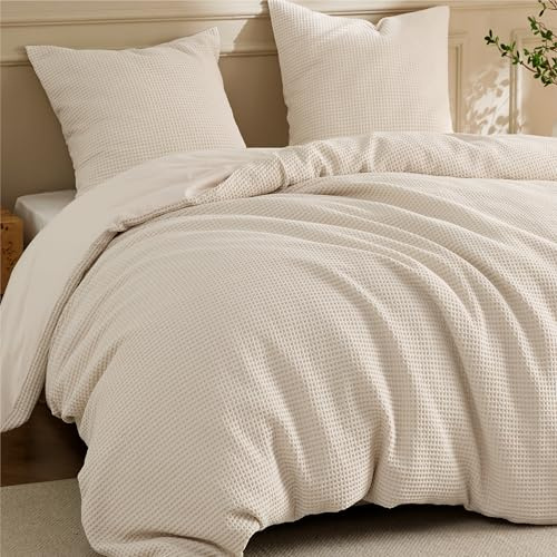BEDSURE Bettwäsche 220x240 Baumwolle Waffelpiqué - 3teilig Natur | Waffel-Baumwoll-Bettwäsche mit Reißverschluss, einfache Montage, ÖKO-TEX, weich & hautfreundlich, ganzjährig geeignet