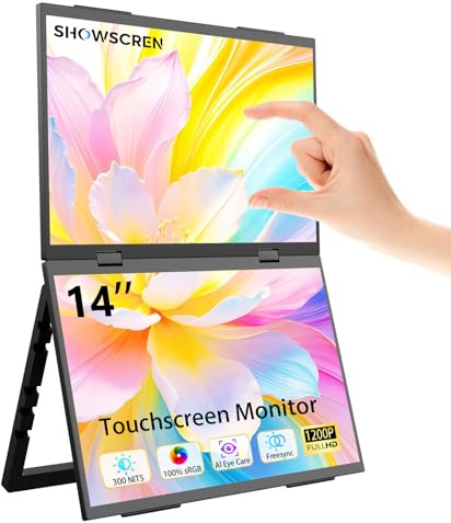 Showscren Foldable Dual Touchscreen 14 Inch Portable Monitor, Stacked Dual External Laptop IPS Display, 1920×1200 HDR 99% sRGB, USB-C & HDMI Plug & Play for PC, Mac, Office, Gaming