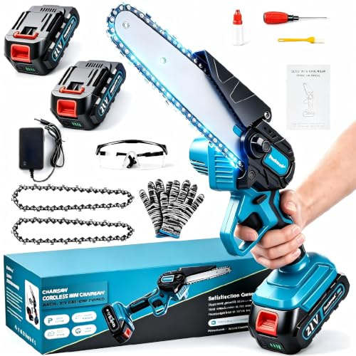 Mini Kettensäge mit Akku, 1000W Bürstenloser Motor, 6 Zoll Akku kettensäge mit 4000mAh Akkus, Mit 2 Ketten und Sicherheitsverriegelung, Handkettensäge Akku für Gartenscheren Astschere Holzschneiden