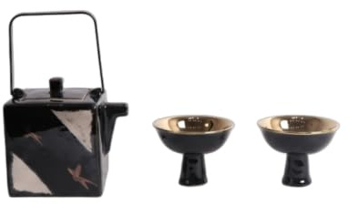 F Fityle 3 Pieces Teapot with Cups Set Ceramic, Black Teapot with White and Black Geometric Pattern and Two Golden-Rimmed Cups On Pedestals