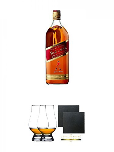 Johnnie Walker Red Label Blended Scotch Whisky 3,0 ltr. + The Glencairn Glass Whisky Glas Stölzle 2 Stück + Schiefer Glasuntersetzer eckig ca. 9,5 cm Ø 2 Stück