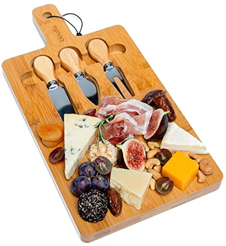BlauKe® Plateau à Fromage en Bois de Bambou avec 3 Couteaux à Fromage – Assiette pour Aperitif, Charcuterie ou Petit-Déjeuner – Planche A Découper – Idée Cadeau