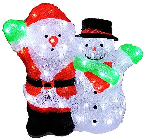 Weihnachtsmann mit Schneemann Acryl Beleuchtung Figur kaltweiß 90 LEDs Strombetrieb Außenbeleuchtung