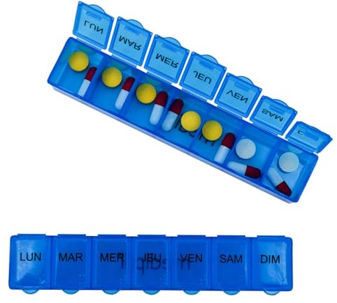 MEDIPILL - Pilulier Semainier Français | Pilulier 7 jours - 7 Compartiments | Compact et Durable | Sans BPA| Bleu | Une Pièce | MED-S7-B