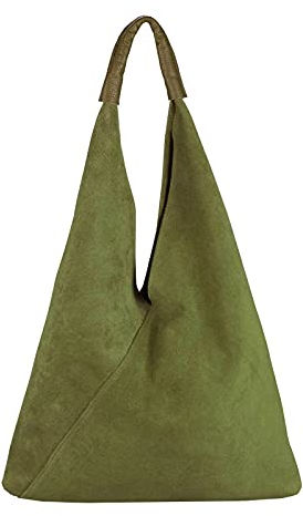 OBC Made in Italy Damen XXL Leder Tasche Handtasche Wildleder Shopper Schultertasche Hobo-Bag Umhängetasche Ledertasche Beuteltasche Velourleder DIN-A4 Grün