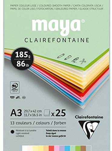 Clairefontaine 975335C - Malblock verleimt mit 25 Blatt Maya Zeichenpapier, glatt 29,7x42 cm 185g, Pastell farbig sortiert (12 Farben + 1 weiß )
